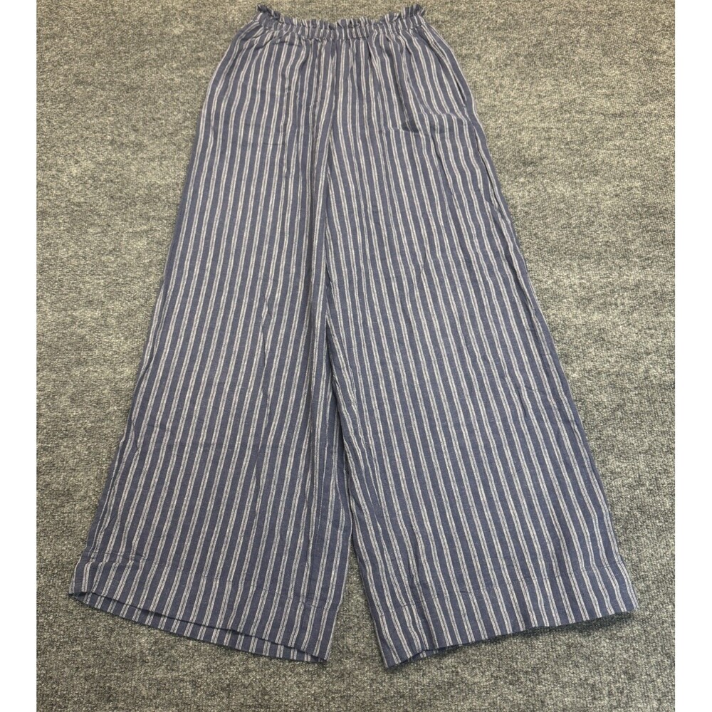 Aerie Blue Striped Linen Wide-Leg Pants Elastic Waist Pockets Women Sz Small NWT